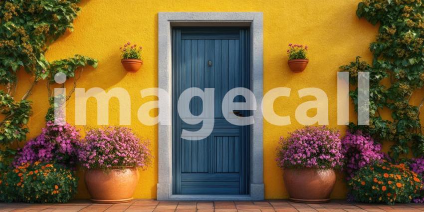 Vibrant Yellow House with a Navy Blue Door, Flanked by Colorful Flower Pots