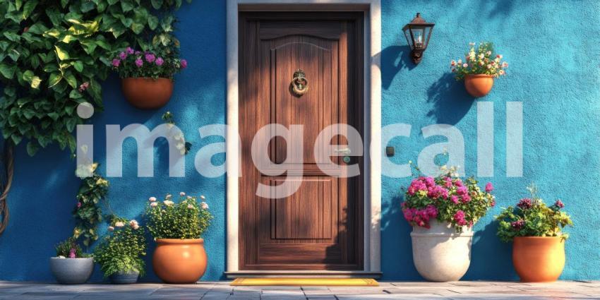 Vibrant Yellow House with a Navy Blue Door, Flanked by Colorful Flower Pots