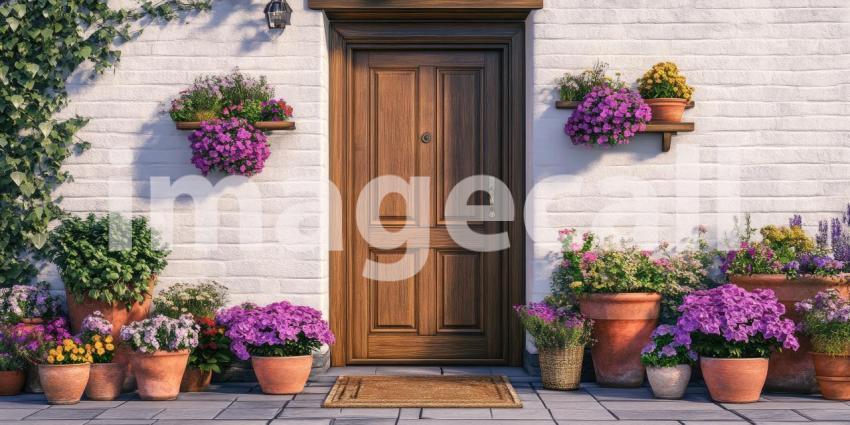 Vibrant Yellow House with a Navy Blue Door, Flanked by Colorful Flower Pots