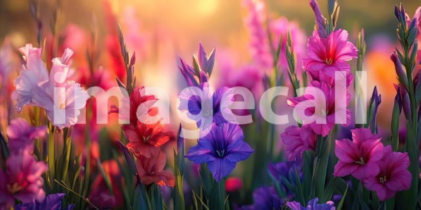 A Field of Dreams: A Vibrant Garden of Gladiolus Blossoms at Sunset
