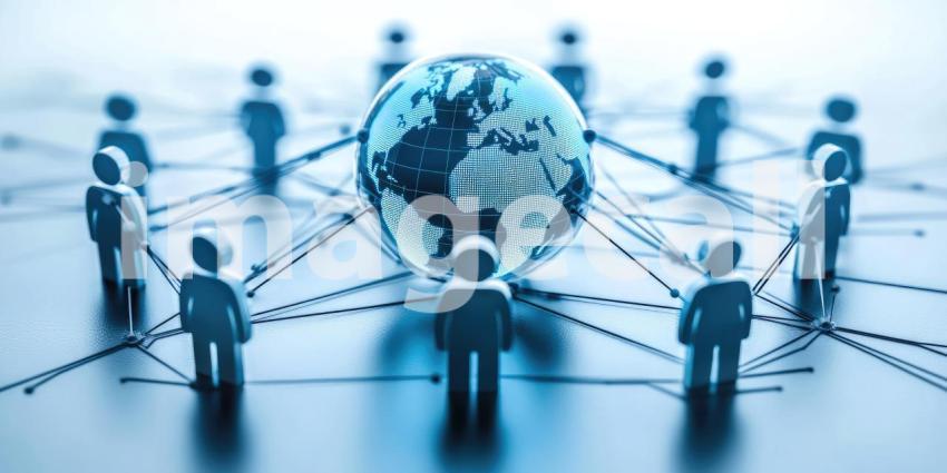 Global Connectivity: Network of Human Figures Connected by Lines Around a Digital Globe