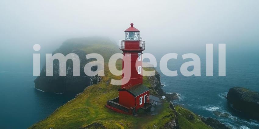 Guardian of the Coast: A Lone Lighthouse Stands Tall Against a Misty Sea