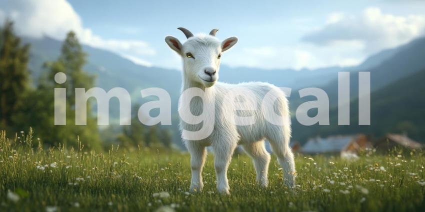 Alpine Serenity: A Goat Grazes Amidst a Meadow of Daisies