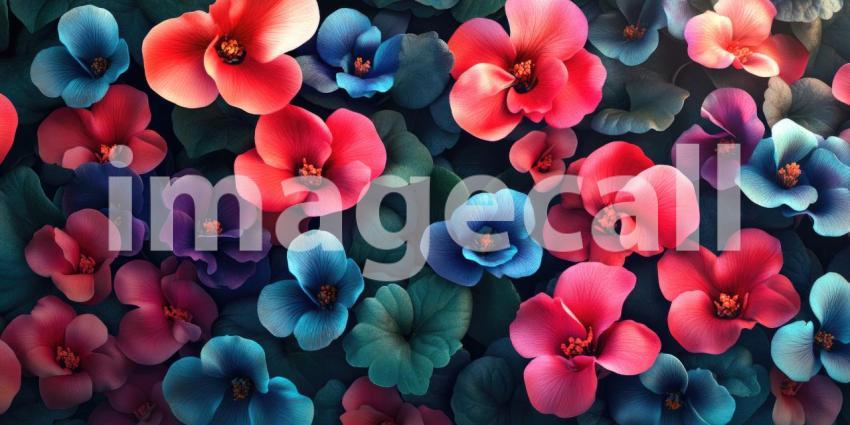 Vibrant Floral Tapestry: A Lush Arrangement of Red, Blue, and Purple Blossoms