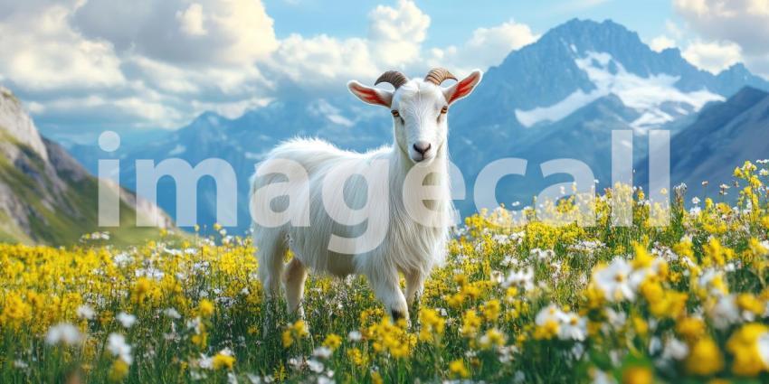 Alpine Serenity: A Goat Grazes Amidst a Meadow of Daisies