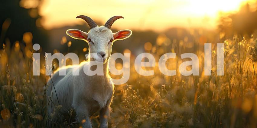 Alpine Serenity: A Goat Grazes Amidst a Meadow of Daisies