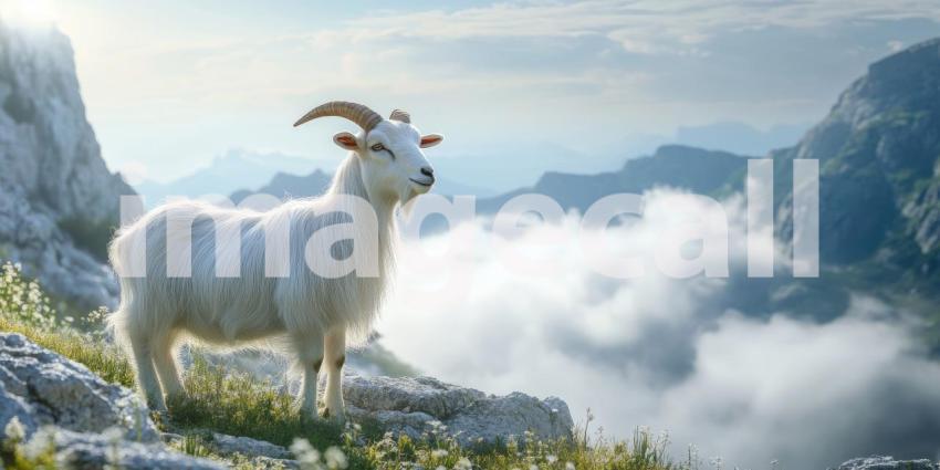 Alpine Serenity: A Goat Grazes Amidst a Meadow of Daisies