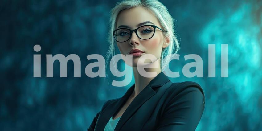 Confident Professional: Person with Light Hair and Glasses in Dark Blazer, Standing Against Abstract Blue-Green Background