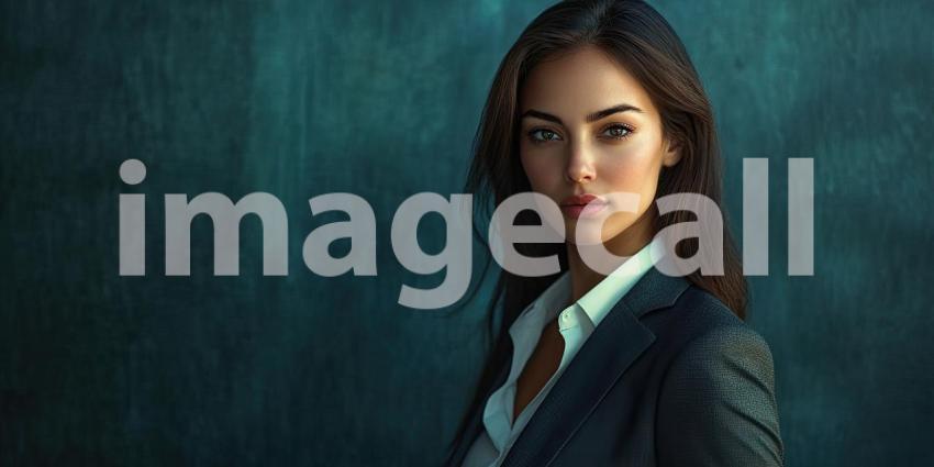 Confident Professional: Person with Light Hair and Glasses in Dark Blazer, Standing Against Abstract Blue-Green Background