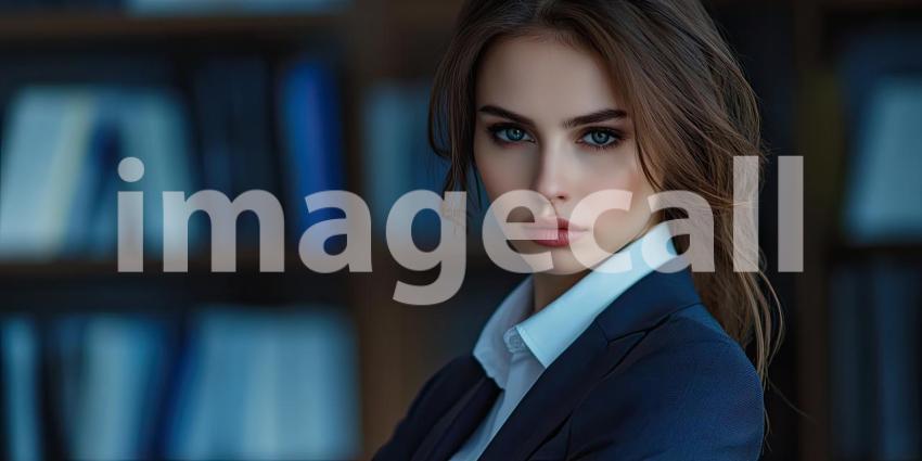 Confident Professional: Person with Light Hair and Glasses in Dark Blazer, Standing Against Abstract Blue-Green Background