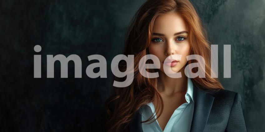 Confident Professional: Person with Light Hair and Glasses in Dark Blazer, Standing Against Abstract Blue-Green Background