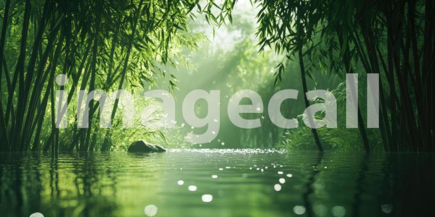Sunlight Dappled Path Through a Lush and Serene Bamboo Forest