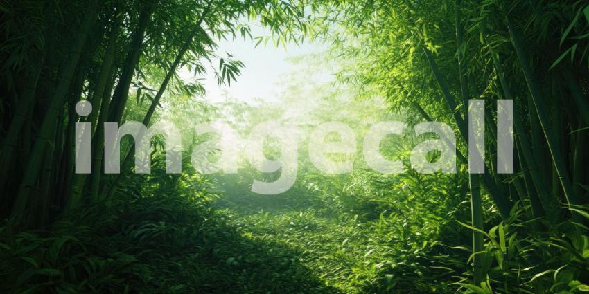 Sunlight Dappled Path Through a Lush and Serene Bamboo Forest