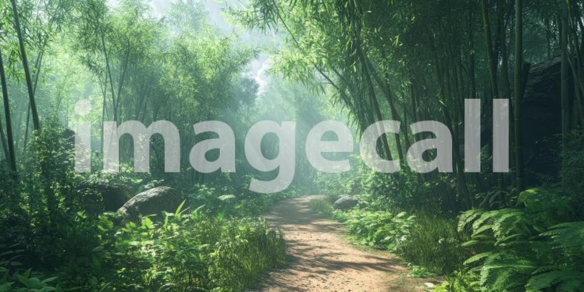 Sunlight Dappled Path Through a Lush and Serene Bamboo Forest