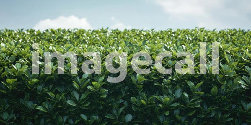 Lush Green Hedge Against a Blue Sky with Puffy Clouds