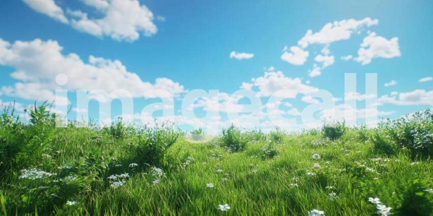 Serene Meadow Landscape: Rolling Hills Under a Bright Blue Sky