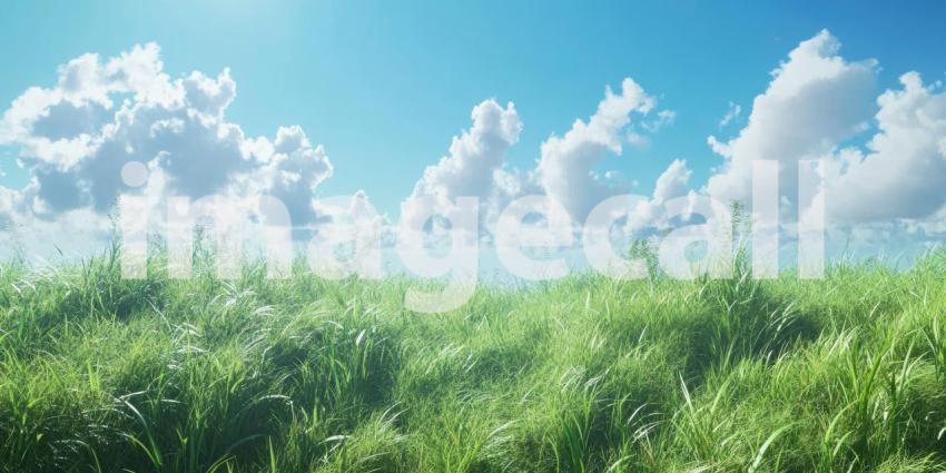 Serene Meadow Landscape: Rolling Hills Under a Bright Blue Sky