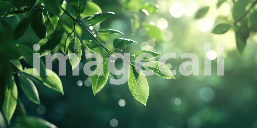 Sunlight Filtering Through Dew-Kissed Leaves in a Lush Green Forest