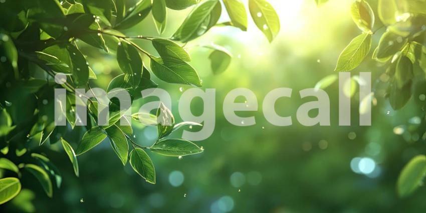 Sunlight Filtering Through Dew-Kissed Leaves in a Lush Green Forest