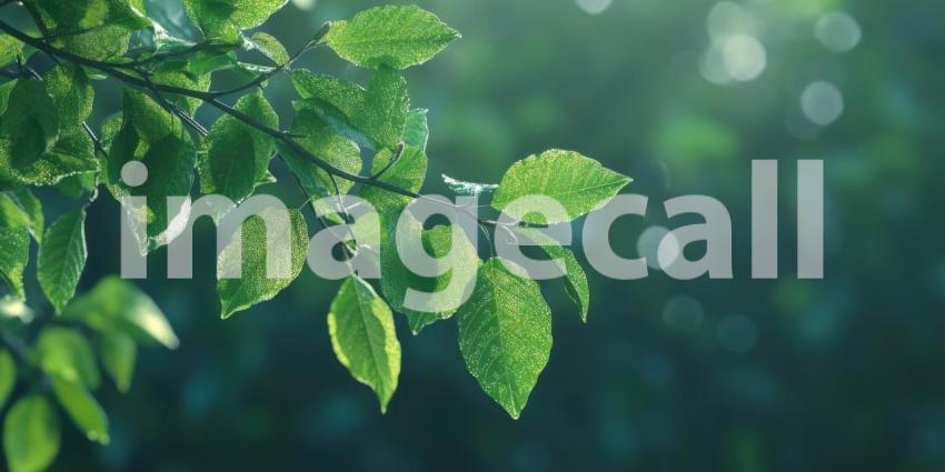 Sunlight Filtering Through Dew-Kissed Leaves in a Lush Green Forest