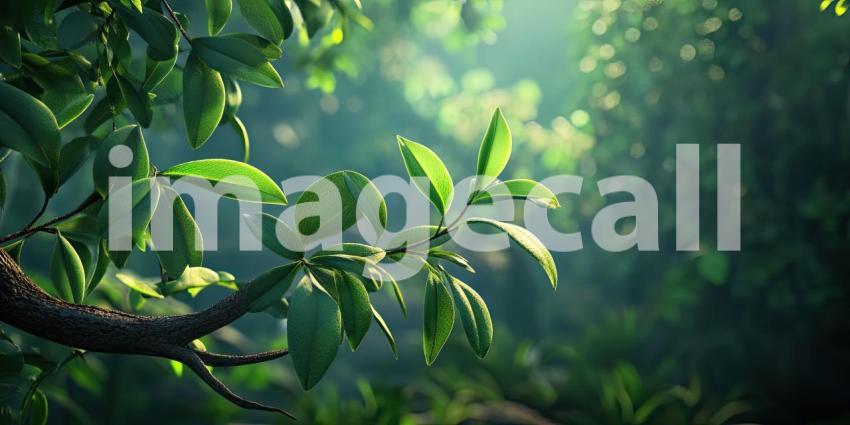 Sunlight Filtering Through Dew-Kissed Leaves in a Lush Green Forest