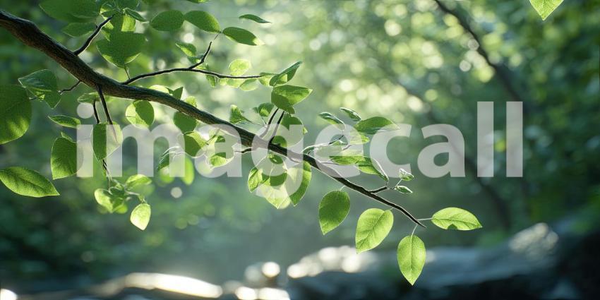 Sunlight Filtering Through Dew-Kissed Leaves in a Lush Green Forest