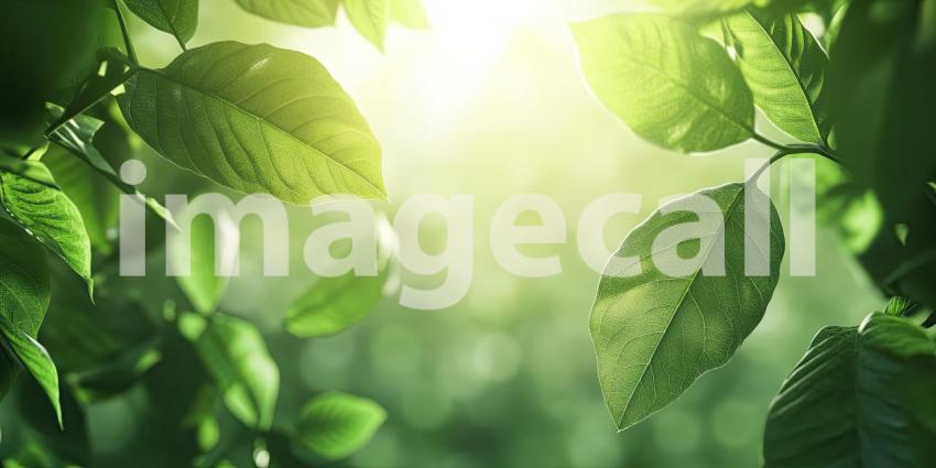 Sunlight Filtering Through Dew-Kissed Leaves in a Lush Green Forest