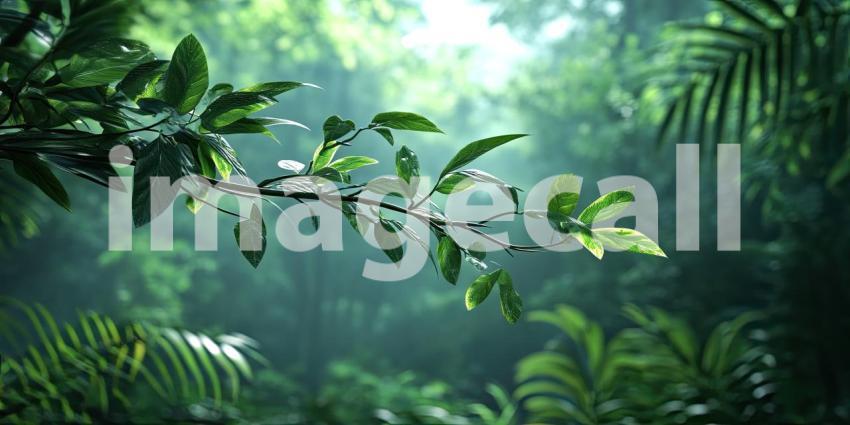 Sunlight Filtering Through Dew-Kissed Leaves in a Lush Green Forest