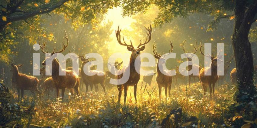 Majestic Deer Herd Grazes in a Sunlit Forest Clearing