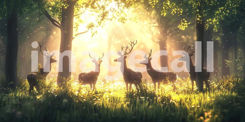 Majestic Deer Herd Grazes in a Sunlit Forest Clearing