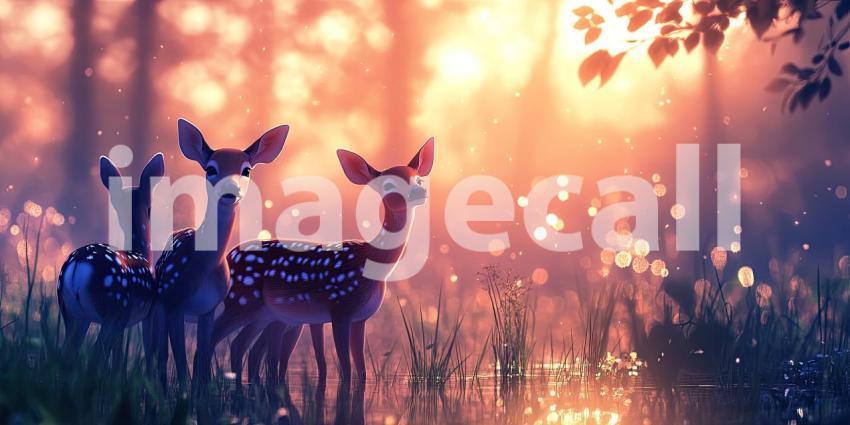 Majestic Deer Herd Grazes in a Sunlit Forest Clearing
