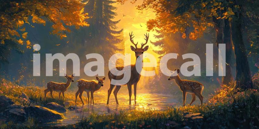 Majestic Deer Herd Grazes in a Sunlit Forest Clearing