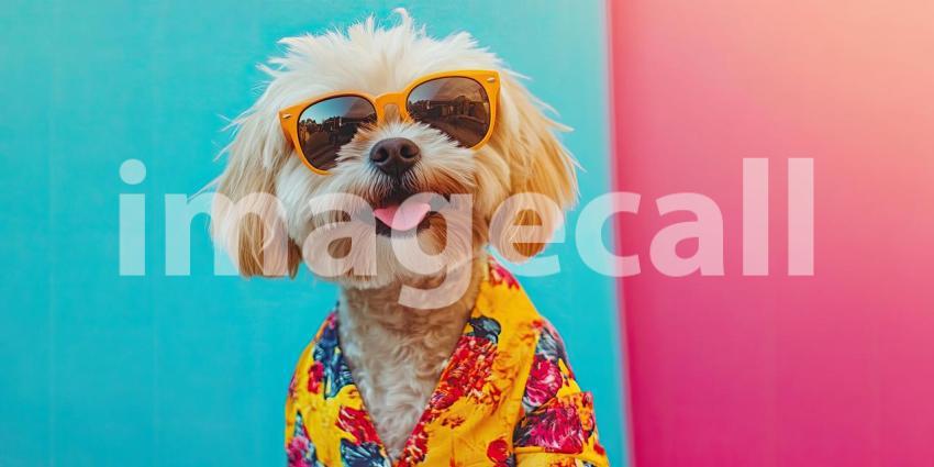 Cool Canine: A Stylish Dog in Sunglasses and a Sweater Strikes a Pose