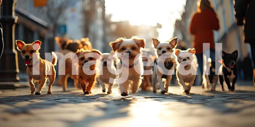 Pack of Pups on Patrol: A Group of Small Dogs Run Joyfully Down the Street