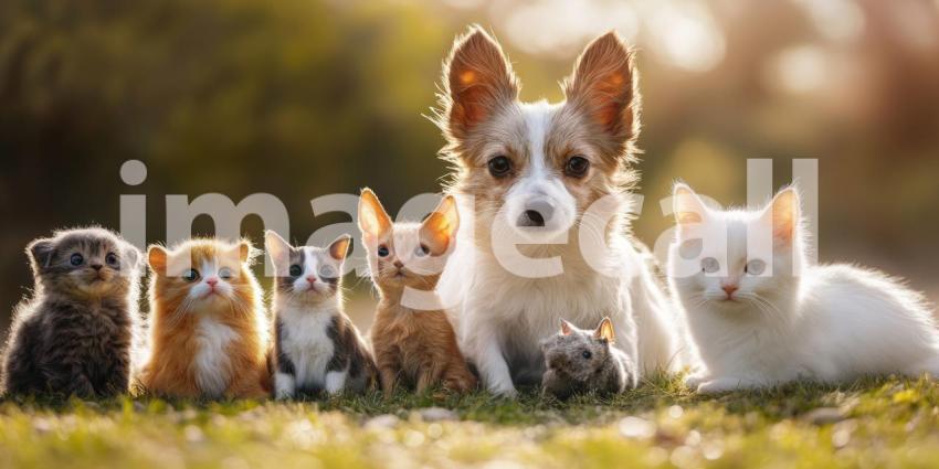 A Furry Posse: A Kitten, Puppies, a Bunny, and a Bird Strike a Pose.