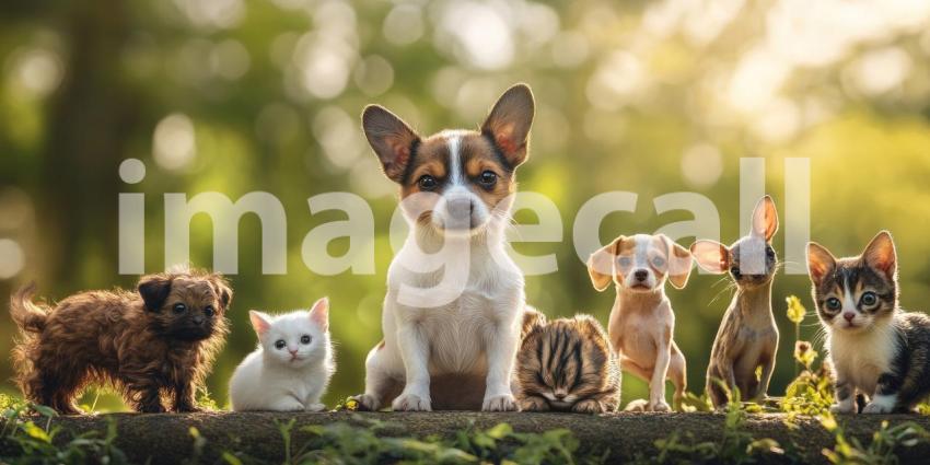 A Furry Posse: A Kitten, Puppies, a Bunny, and a Bird Strike a Pose.
