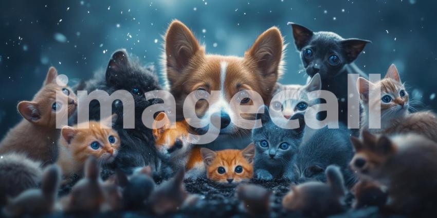 Cozy Cottage Critters: A Trio of Dogs and a Curious Guinea Pig Pose for a Portrait