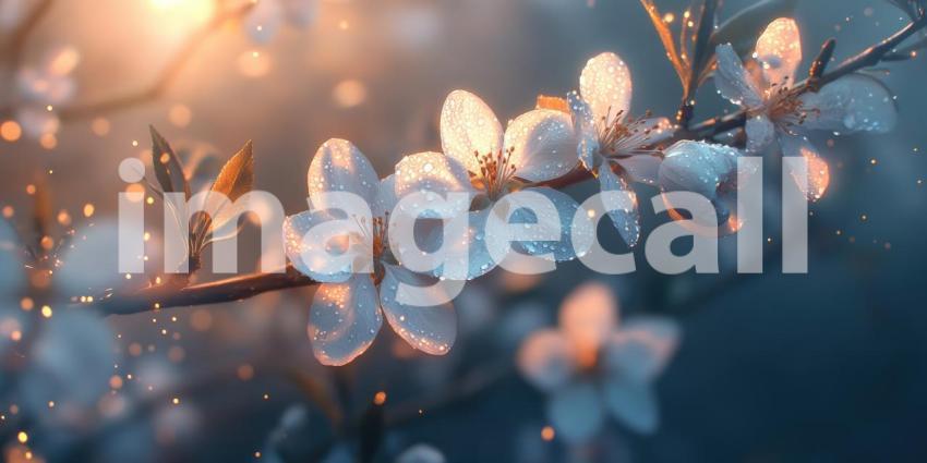 Dew-Kissed Bloom: A branch of delicate white blossoms, glistening with morning dew, welcomes the sunrise in a symphony of light and nature.