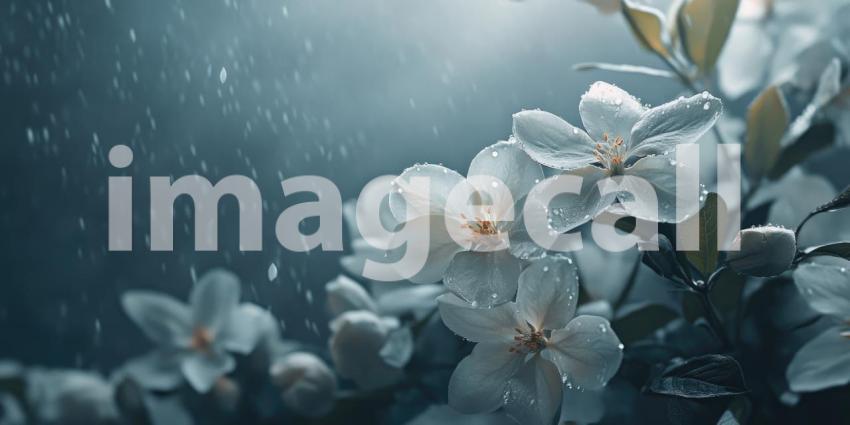 Dew-Kissed Bloom: A branch of delicate white blossoms, glistening with morning dew, welcomes the sunrise in a symphony of light and nature.