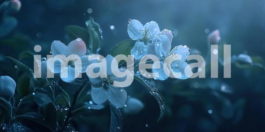 Dew-Kissed Bloom: A branch of delicate white blossoms, glistening with morning dew, welcomes the sunrise in a symphony of light and nature.