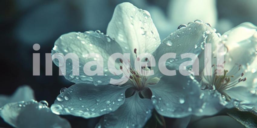 Dew-Kissed Bloom: A branch of delicate white blossoms, glistening with morning dew, welcomes the sunrise in a symphony of light and nature.