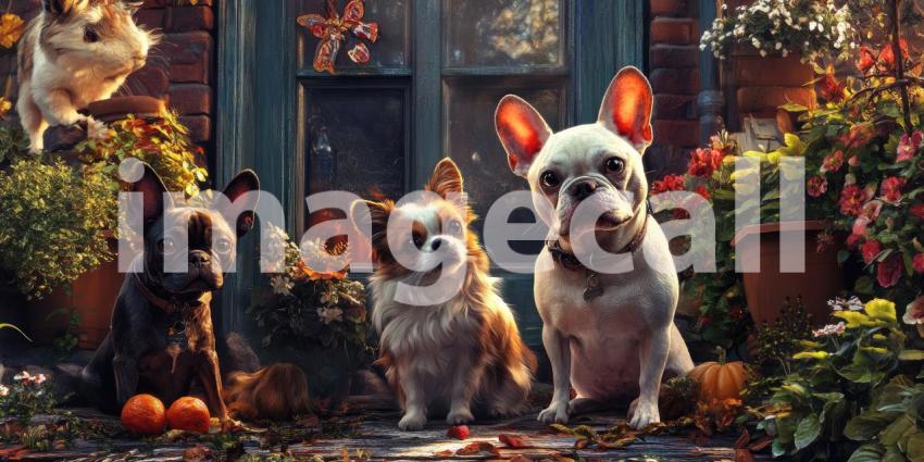 Cozy Cottage Critters: A Trio of Dogs and a Curious Guinea Pig Pose for a Portrait