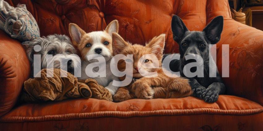 Cozy Cottage Critters: A Trio of Dogs and a Curious Guinea Pig Pose for a Portrait