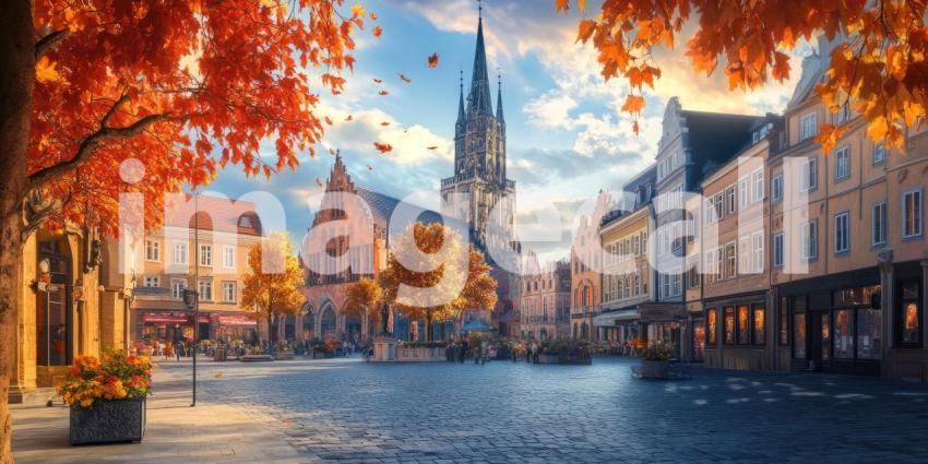 Autumn's Embrace: A charming European town square basks in the warm glow of autumn, leaves dancing in the breeze as the sun casts long shadows.