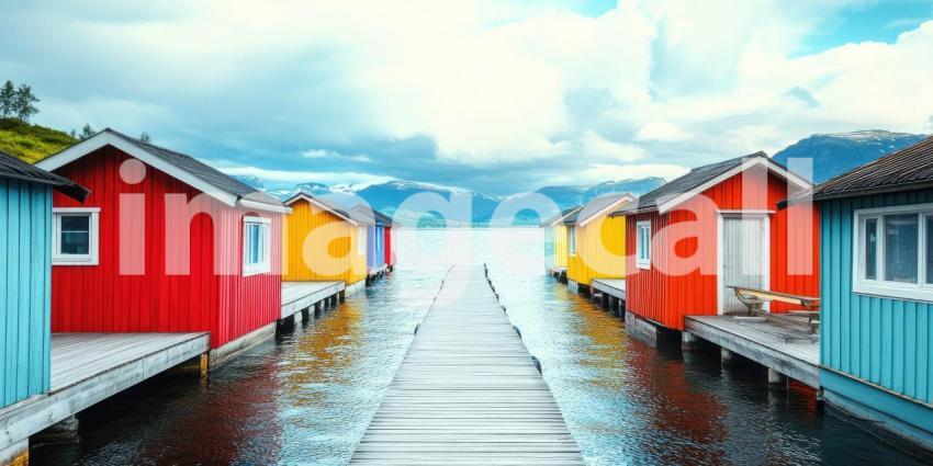 A Fjord of Colors: A row of brightly painted houses lines a tranquil fjord, nestled amidst towering mountains and a picturesque landscape.