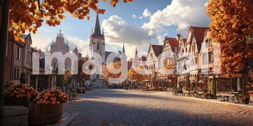 Autumn's Embrace: A charming European town square basks in the warm glow of autumn, leaves dancing in the breeze as the sun casts long shadows.