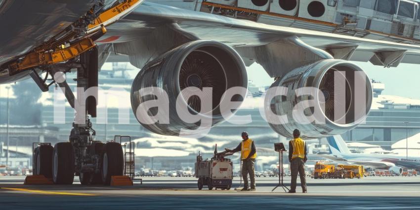 Pre-Flight Preparations: A team of aviation professionals meticulously inspect an aircraft engine, ensuring safety and readiness for take-off.