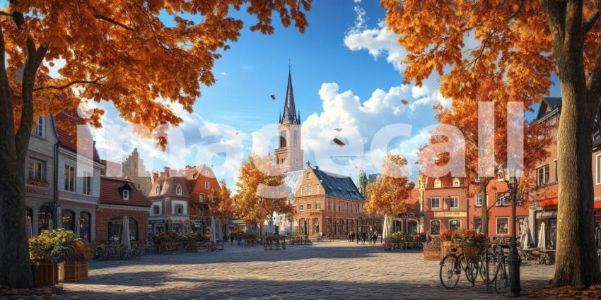 Autumn's Embrace: A charming European town square basks in the warm glow of autumn, leaves dancing in the breeze as the sun casts long shadows.