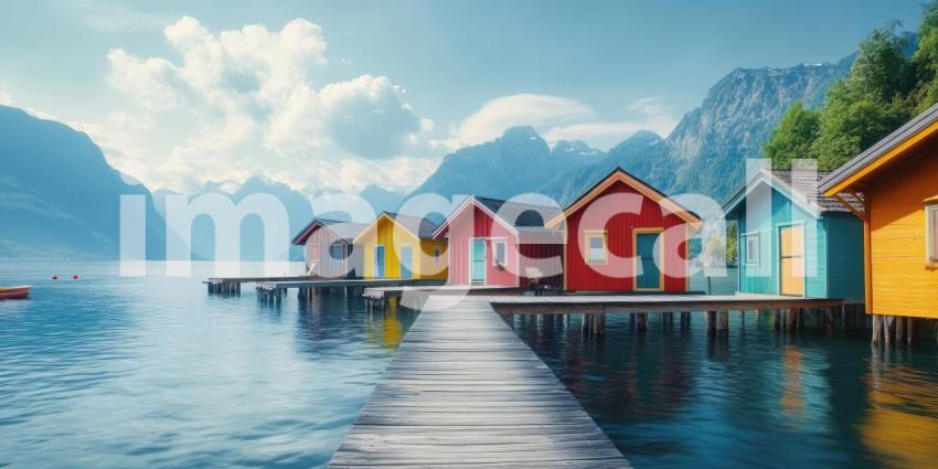 A Fjord of Colors: A row of brightly painted houses lines a tranquil fjord, nestled amidst towering mountains and a picturesque landscape.