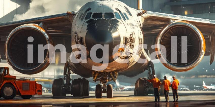 Pre-Flight Preparations: A team of aviation professionals meticulously inspect an aircraft engine, ensuring safety and readiness for take-off.